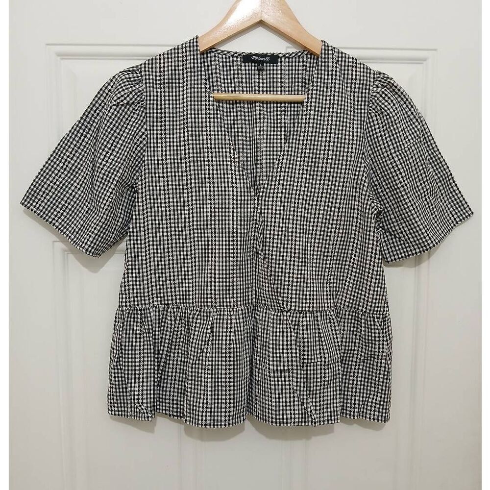 Madewell Black and White Gingham Peplum Blouse
